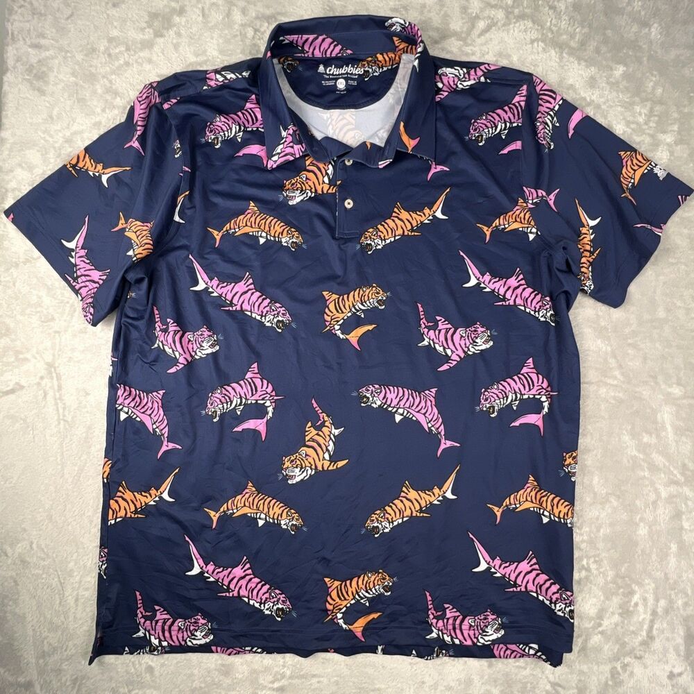 Chubbies Polo Mens 2XL Blue TigerShark Print Performance Stretch Golf 50" Chest
